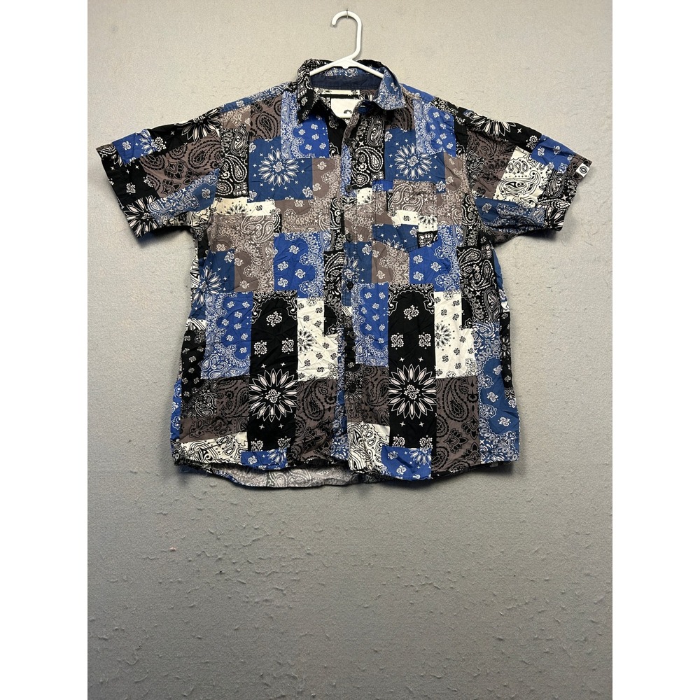 Akademiks Shirt Short Sleeve Cotton Patchwork Paisley Blue XL Mens